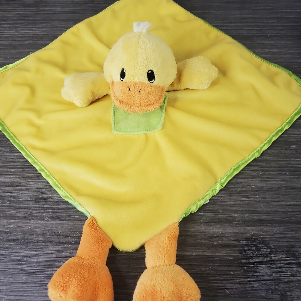 Best Ever Yellow Duck Lovey With Orange Feet, Green Trim Striped Cotton Back 13"